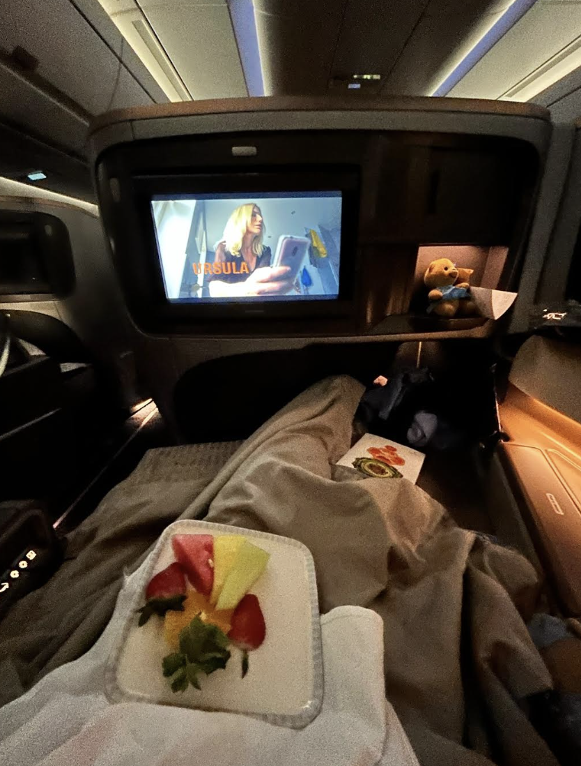 Singapore Airlines business class seat with storage and screen